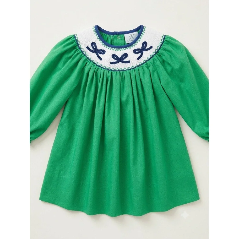 The Bella Bean Green Smocked Bishop Dress Navy Bows Long Sleeve 2T